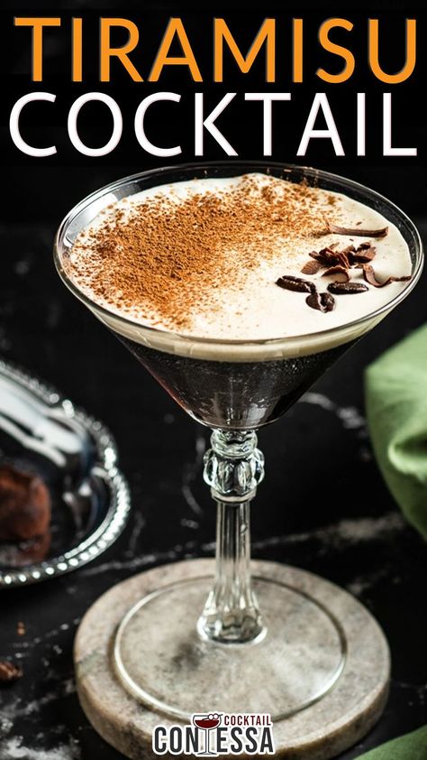 Skip the meal and head straight to dessert with this Tiramisu Cocktail. It’s unabashedly sweet and rich. It combines all the wonderful flavors of tiramisu – coffee, chocolate, vanilla and rum/cognac – with a cream float and a dusting of cocoa powder. Make a batch of these for any holiday gathering that includes coffee- or chocolate-lovers and you will be the crowd favorite. | @cocktailcontessa #TiramisuCocktail #Tiramisucraftcocktail #christmascocktails #christmascocktailparty Tiramisu Cocktail, Tiramisu Martini, Tiramisu Coffee, Mimosa Recipes, Dessert Flavors, Moonshine Cocktails, Liqueur Recipes, Cocktail Garnishes, Simple Syrups