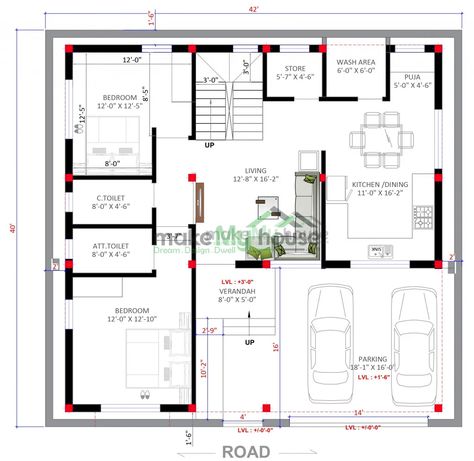 Make My House offers a wide range of Readymade House plans at affordable price. This plan is designed for 42x40 South Facing Plot having builtup area - 1680 SqFT with Modern Floorplan for Duplex House. South Facing House Plan, House Plan App, House Floorplan, South Facing House, The Perfect House, Duplex House, Perfect House, Spacious Living, Build Your Dream Home