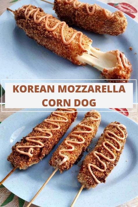 Chinese Corn Dog, Korean Corn Dog Cheese, Deep Fried Corn Dogs, Korean Cheese Corn Dog Recipe, Korean Rice Dog, Homemade Korean Corndogs, Korean Mozzarella Corn Dog, Mozzarella Corn Dogs, Japanese Corn Dog