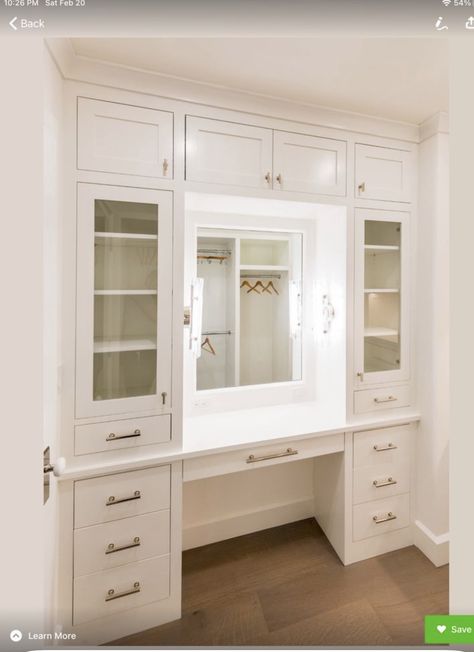 Build In Makeup Vanity, Vanity With Bookshelves, Closet Makeup Station, Built In Dressing Table Ideas, Built In Vanity Ideas, Closet With Makeup Vanity, Master Closet With Vanity, Closet With Vanity Built In, Built In Vanity In Bedroom