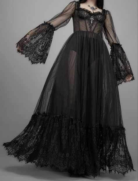 Lace Long Dresses, Velvet Lingerie, Spring Dresses Women, Black Mesh Dress, Gothic Vintage, Vintage Flare, Goth Dress, Lace Bustier, Lace Dress Long