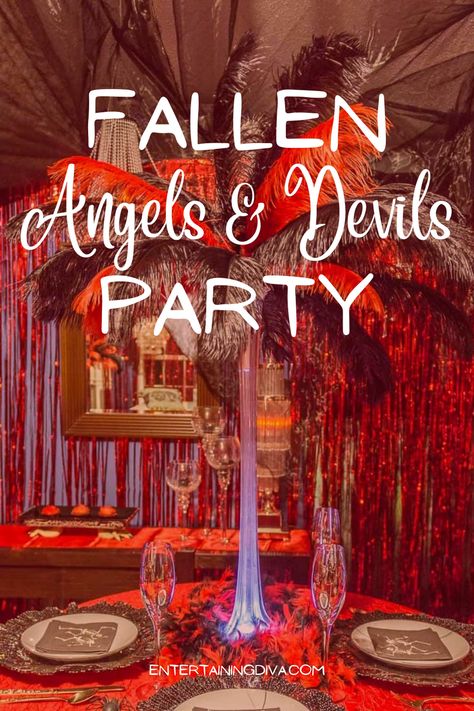 If you want something extraordinary for your Halloween party theme, try out the Fallen Angels & Devils party - it's epic! This Halloween party theme makes the most dramatic decorations, food ideas, costumes and so much more. Your guests will be breathtaken! Devil Halloween Decorations, Angels Vs Devils Party, Angels And Devils Party Theme, Angels And Devils Party, Halloween Decorating Themes, Angels And Devils, Black Party Decorations, Outdoor Halloween Decor, Neat Clothes