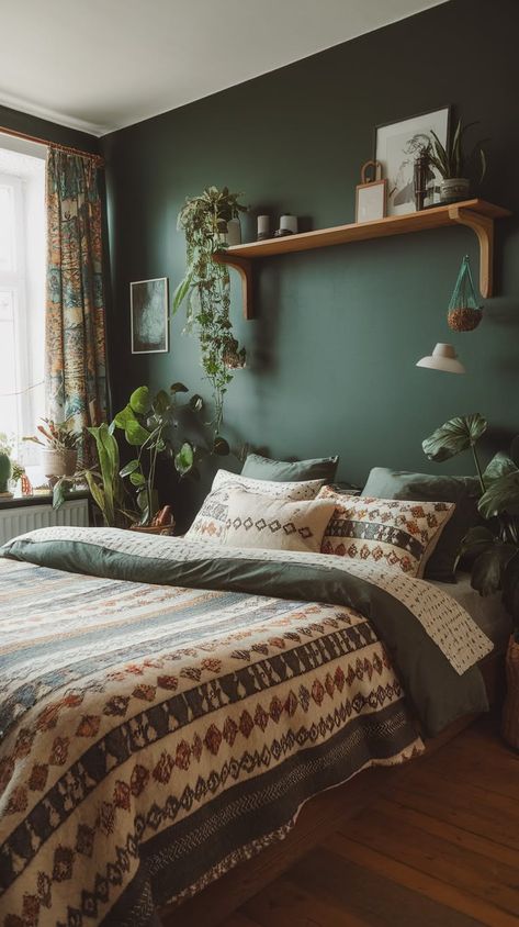 40+ Chartreuse Green Bedroom Ideas for a Lively & Trendy Atmosphere Emerald Green Small Bedroom, Aesthetic Earthy Room, Tan Wall Room Ideas Bedrooms, Forest Green And Navy Bedroom, Woodsy Themed Bedroom, Forrest Bedroom Adult, Cozy Green Bedroom Aesthetic, Masculine Cottagecore Decor, Forest Green And Cream Bedroom