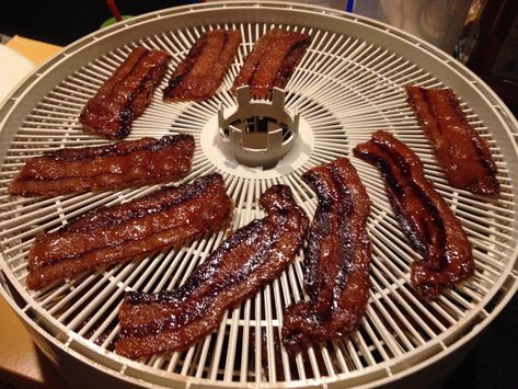 Dehydrated candied bacon - I'm thinking siracha might need to be inluded somewhere in this recipe Jerky In Dehydrator, Dehydrated Bacon, Deer Jerky, Keto Eggplant, Bacon Jerky, Pork Jerky, Homemade Jerky, Brown Sugar Bacon, Beef Jerky Recipes