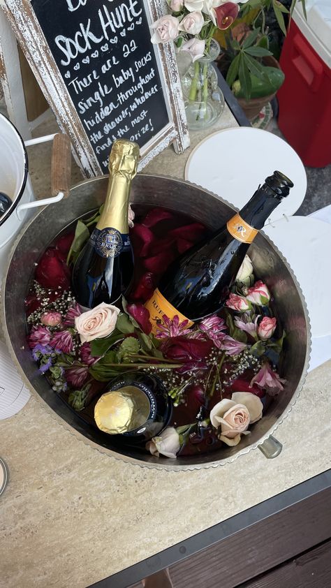 Wedding Ice Bucket Ideas, Wine In Ice Bucket Aesthetic, Ice Bucket Wedding, Ice Bucket Floral Arrangement, Champagne Bucket Wedding, Champagne In Ice Bucket, Ice Bucket For Party, Champagne Ice Bucket With Flowers, Champagne Bucket Decor