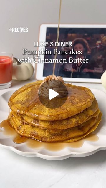 Recipes on Instagram: "Inspired by Luke’s Diner from Gilmore Girls, these Pumpkin Pancakes with Cinnamon Butter are a fall essential. 🎃 They make the perfect autumn breakfast.  Pumpkin Pancakes: -1/2 cup pumpkin puree -1.25 cups milk -2 eggs -2 tbsp. sugar -1 tsp. vanilla -3 tbsp. melted butter -1.75 cups flour -1/4 tsp. salt 1 tbsp. baking powder -1 tsp. pumpkin pie spice -1/4 tsp. ground cloves Cinnamon Butter: -1 stick softened butter -1/4 cup powdered sugar -1/4 cup honey -1 tsp. cinnamon -pinch of salt  #lukesdinerpumpkinpancakes #gilmoregirls #pumpkinpancakes #pumpkin #pancakes #cinnamonbutter #fall" Pumpkin Spice Pancakes Recipe, Gilmore Girls Luke’s Pumpkin Pancakes, Pancakes With Cinnamon, Autumn Breakfast, Pumpkin Spice Pancakes, Pumpkin Pancake Recipe, Lukes Diner, Cinnamon Butter, Pumpkin Pancakes