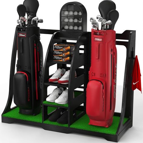 Amazon.com : Apex Sports Golf Bag Organizer - Handcrafted Wood Design, Golf Bag Stand, Ball Display, Golf Storage Shelves, Golf Garage Rack (Black) : Sports & Outdoors Golf Bag Organizer, Golf Organization Garage, Golf Garage, Golf Storage, Garage Racking, Golf Room, Ball Display, Bag Stand, Golf Bag