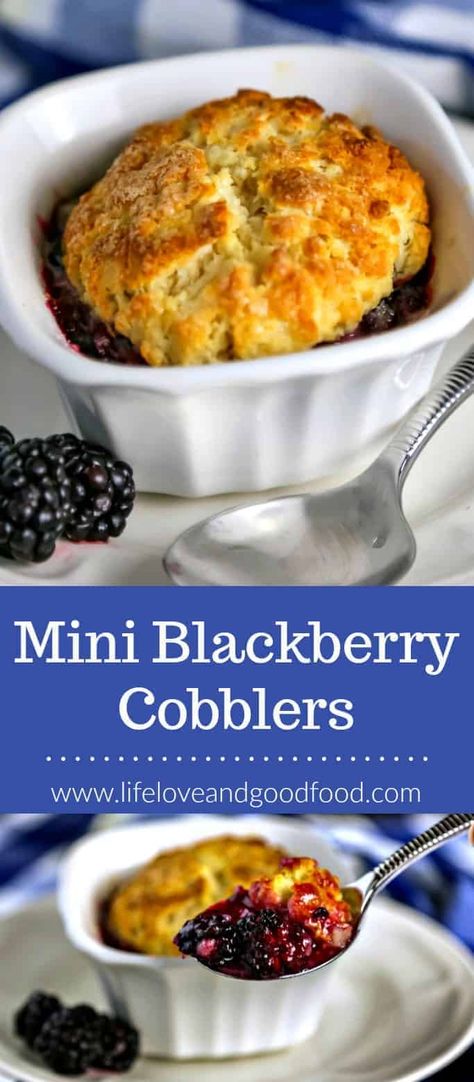 Mini Blackberry Cobblers with a buttery shortcake crust are baked in ramekins for perfectly-sized individual desserts. #blackberry #cobbler #pie #dessert #baking #summerdessert Ramekin Dessert, Easy Blackberry Cobbler, Ramekin Recipe, Blackberry Dessert, Blackberry Cobbler Recipe, Blackberry Cobbler, Dessert For Two, Individual Desserts, Zucchini Muffins