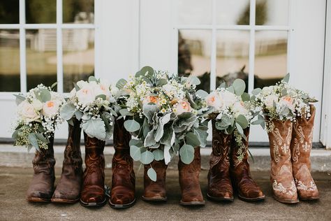 Cowboy Wedding Bridesmaids, Wedding With Boots, Cowboy Wedding Flowers, Brides Boots Wedding, Bridesmaids With Boots, Cowgirl Boots With Wedding Dress, Boots Wedding, Cowgirl Boots Wedding Dress, Bridal Cowgirl Boots