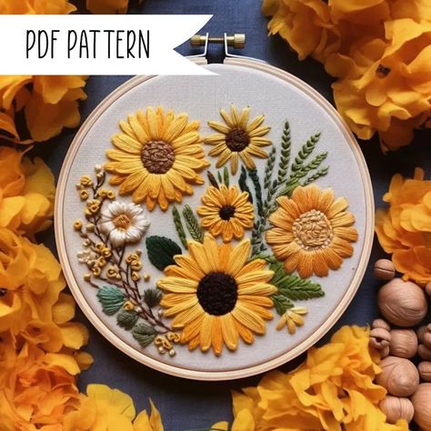 Sunflower Hand Embroidery Patterns, Sunflower Pattern Free Printable, Sunflower Hand Embroidery, Sunflower Embroidery Pattern, Embroidery Reference, Embroidery Patterns Free Templates, Pdf Pattern Embroidery, Embroidery Pattern Floral, Sunflower Embroidery