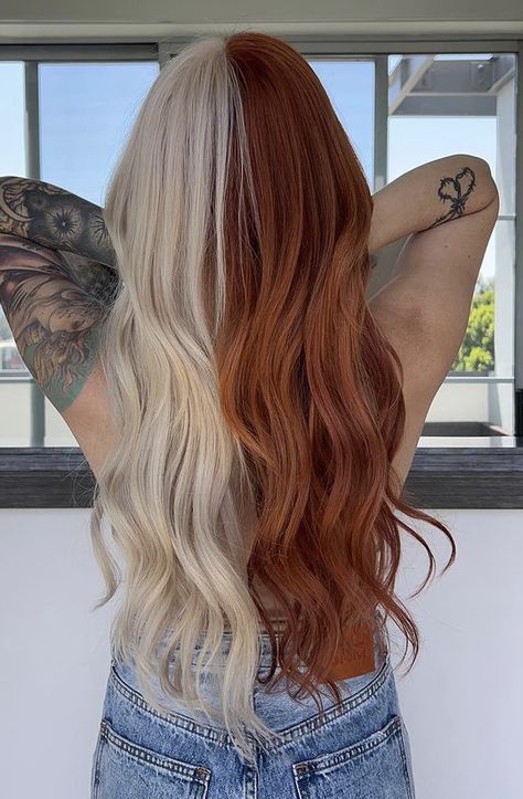 Two Tone Hair Color, Two Tone Hair, Split Dyed Hair, Red Blonde Hair, Creative Hair Color, Dyed Blonde Hair, Ginger Hair Color, Dyed Hair Inspiration, Split Hair