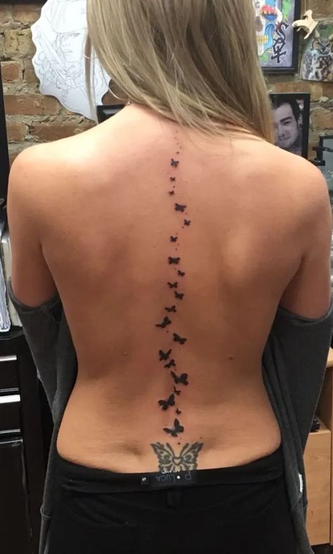 Butterfly Spine Tattoo Spinal Tattoo Ideas Female, Butterfly Spine Tattoo Design, Lower Spine Tattoos For Women, Females Tattoos, Butterfly Leg Tattoos, Butterfly Ankle Tattoos, Butterfly Thigh Tattoo, Butterfly Tattoos On Arm, Flower Spine Tattoos