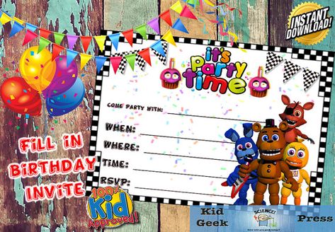 Five Nights at Freddy's FNAF Birthday Invitation 5 by KidGeekPress Five Nights At Freddy's Birthday, Fnaf Birthday, Free Printable Birthday Invitations, Zombie Party, 14th Birthday, Birthday Invitation Template, Birthday Board, Birthday Template, 11th Birthday