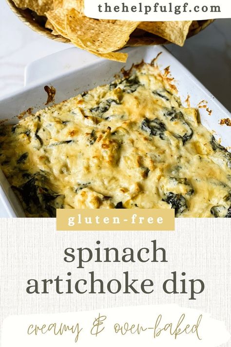 Are you looking for delicious spinach artichoke dip appetizer that's a totally gluten free recipe? This oven baked spinach artichoke dip is creamy and delicious. This simple recipe uses fresh spinach or frozen spinach and is perfect for a crowd! Plus, instructions for subbing Greek yogurt for a healthy hot spinach dip recipe made with mozzarella cheese. dips and appetizers | party dips | spinach and artichoke dip | gluten free party food | clean eating recipes Gluten Free Spinach Artichoke Dip, Favourite Appetizer, Hot Spinach Dip Recipe, Dips And Appetizers, Gluten Free Dips, Baked Spinach Artichoke Dip, Hot Spinach Dip, Gluten Free Party Food, Gluten Free Party