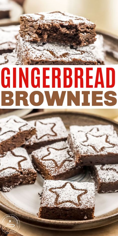 These homemade gingerbread brownies are delicious and easy to make. A wonderful combination of gingerbread and chocolate with powdered sugar decorations on top. #gingerbread #brownies #christmasdesserts Gingerbread Brownies I Am Baker, Ginger Bread Brownies, Gingerbread Brownies Recipe, Gingerbread Desserts Easy, Christmas Brownies Ideas Easy, Gingerbread Deserts, Christmas Brownies Decoration, Chocolate Gingerbread Recipe, Christmas Brownies Ideas