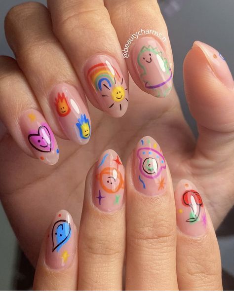 Doodle Nails, Teacher Nails, Long Nail Art, Funky Nail Art, Hippie Nails, Simple Gel Nails, Short Nails Art, Kawaii Nails, Fire Nails