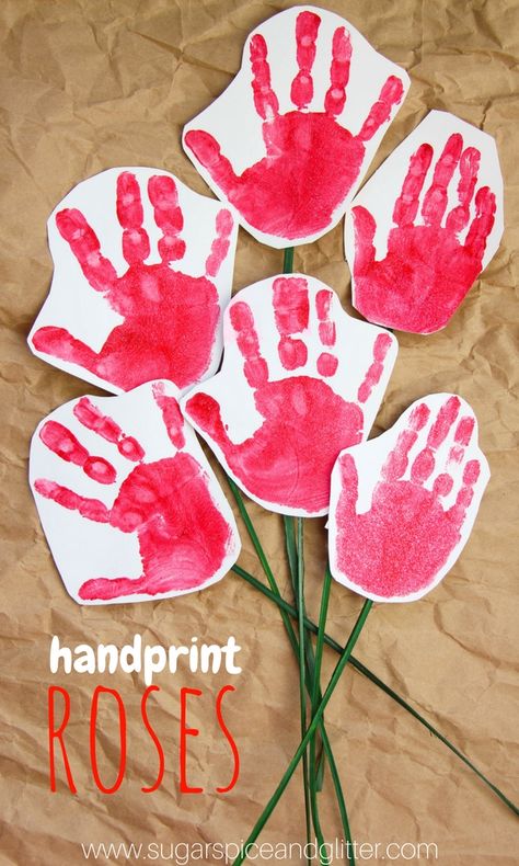 These Handprint Roses are a sweet kid-made craft for Valentine's Day or Mother's Day Rose Crafts, Valentine's Day Crafts For Kids, Valentine Crafts For Kids, Toddler Valentines, Mothers Day Crafts For Kids, Handprint Crafts, Homemade Valentines, Daycare Crafts, Valentines Day Activities