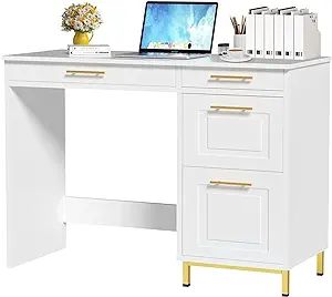 White Writing Desk With Drawers, White Desk With Drawers, Desk For Bedroom, White Writing Desk, Small Computer Desk, Compact Desks, Writing Desk With Drawers, Gold Desk, Small Computer