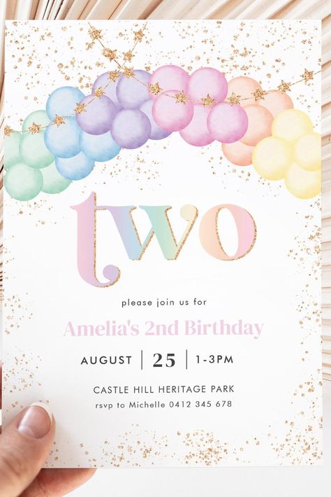 Pastel Rainbow Balloon Arch 2nd Birthday Party Invitation Boho Rainbow Birthday Party Invitation, Rainbow 1st Birthday Invitations, Rainbow Themed Invitation, Pastel Rainbow Party Invitations, Pastel Rainbow Birthday Invitations, Rainbow Balloon Arch, 2nd Birthday Invitations, Rainbow Balloons, Balloon Arch