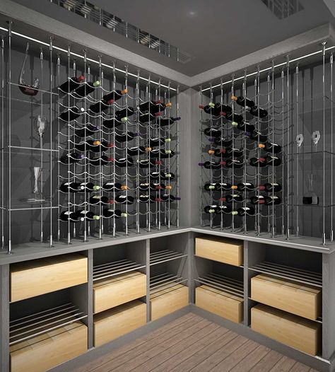 Elegant wine display racks for your home decor from CABLE WINE SYSTEMS™. Wine House Design, Alcohol Cabinet, Metal Wine Racks, Home Wine Cellars, Elegant Wine, Metal Wine Rack, Wine Cellar Design, Cellar Design, Wine Display