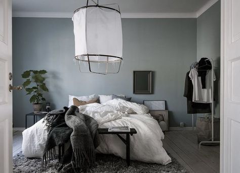 The best color for every room (according to science) For the Bedroom: Try Dusty Blue Avoid: Purple These colors are the best and worst for sleep :| Swedish Bedroom, Minimal Bedrooms, Blue Green Bedrooms, Scandinavian Bedrooms, Blue Gray Bedroom, Minimal Bedroom, Scandinavian Bedroom, Grey Bedroom, Blue Home