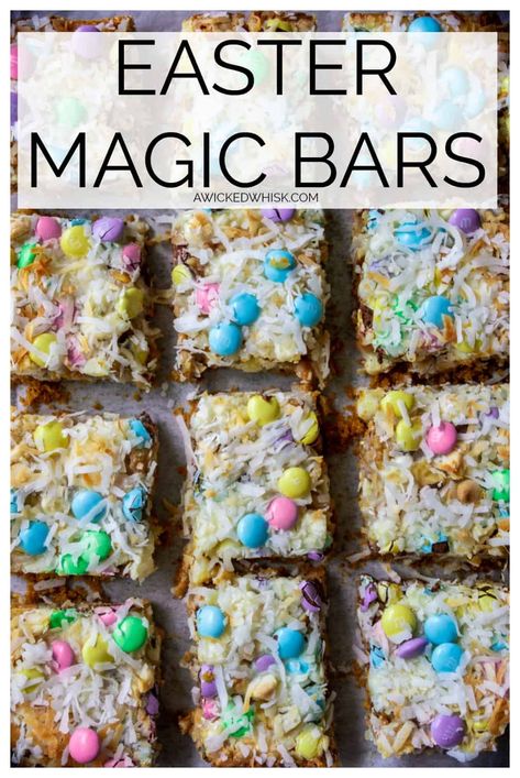 Spring Confetti Bars, Easter 7 Layer Bars, Easter M&m Recipes, Easter Magic Bars, Easter Cookie Bars Recipes, Easter Bars Dessert Recipes, Easter Bars Recipes, Easter Magic Cookie Bars, Easter Cracker Candy