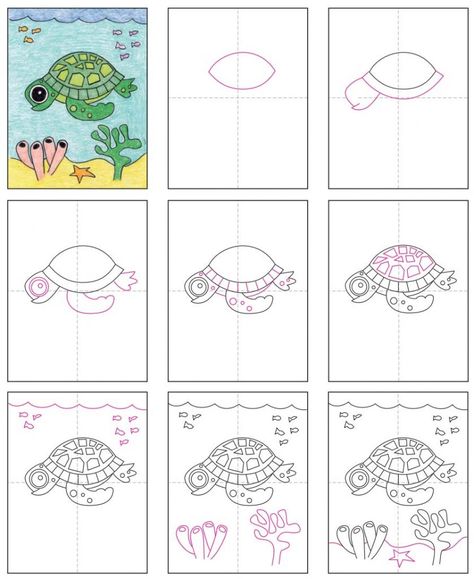 How to Draw a Turtle, 3 Easy Ways · Art Projects for Kids Draw A Sea Turtle, Draw Sea Animals, Trin For Trin Tegning, Animals Step By Step, Draw Sea, Sea Turtle Drawing, Classe D'art, Turtle Coloring Pages, Turtle Sea