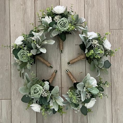 Boho bridal bouquet, soft sage green & white roses with greenery wedding bouquet, eucalyptus classic bridesmaids, wrist corsage, boutonnière Lambs ear and seeded silver dollar eucalyptus finish the bridal bouquet. The bouquet is made from all artificial silk and real touch flowers. This collection has matching pieces that includes bridesmaid flowers, boutonnières, wrist corsage, cake flowers. You can choose your stem wrap from the drop down, the bouquet pictured has a burlap stem wrap.  🌿As Sho White Roses With Greenery, Boho Bridesmaid Bouquet, Wedding Bouquet Eucalyptus, Eucalyptus Garden, Bouquet Eucalyptus, Silk Flower Wedding Bouquet, Sage Green Flowers, Simple Wedding Bouquets, Greenery Wedding Bouquet