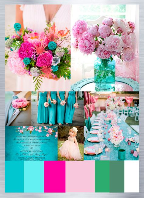 Hot Pink And Turquoise Wedding, Teal Blue And Pink Wedding, Teal And Pink Wedding Colors, Tiffany Blue And Pink Wedding, Wedding Color Palette 2023, Turquoise And Pink Wedding, Color Schemes Spring, Color Palette 2023, Turquoise Coral Weddings