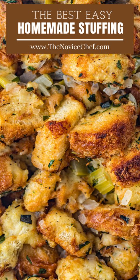 Crispy Texas toast cubes, fresh herbs, onion, and celery are baked with chicken broth to make perfect, golden homemade stuffing. Such an easy, yet delicious, Thanksgiving side dish! Croutons For Stuffing, Stuffing With Croutons Recipe, Simple Easy Thanksgiving Recipes, Potatoe Stuffing Recipes Easy, Texas Toast Stuffing, Homemade Croutons For Stuffing, Stuffing With Bread Cubes, Turkey Dressing Recipes Thanksgiving Homemade Stuffing, Crispy Stuffing Recipes