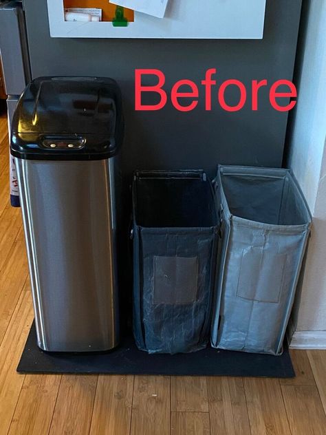 In preparation for painting my cabinets in December, I decided to build a tilt-out cabinet for my recycling. Here is my recycling/trash area before the new cabinet. Two IKEA recycling bags and no counter space! I purchased a used upper cabinet from the local Boulder Resource (building materials recycling nonprofit) for $15. I came prepared with my measurements and hunted until I found the right size. It was just 32" high and my counters are 39". I considered adding cabinet legs, bu… Tilt Out Trash Can Diy, Trash And Recycling Cabinet, Extra Counter Space, Recycling Bin Storage, Recycling Bags, Garbage Can Storage, Recycling Storage, Cabinet Legs, Trash Can Cabinet