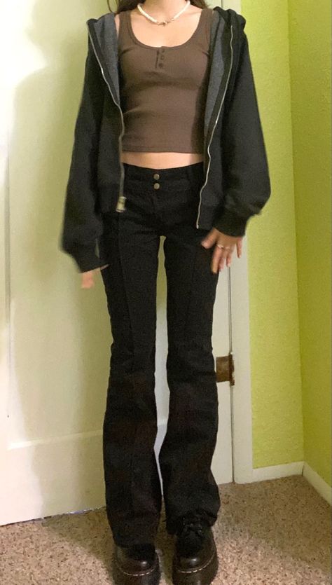 Black Brandy Melville Pants, Brandy Melville Black Pants, Flair Leggings Outfit Grunge, Brandy Melville Agatha Pants Outfit, Agatha Pants Outfit, Low Platform Doc Martens Outfit, Agatha Pants Brandy Melville, Dr Martens 8053 Outfit, Christy Hoodie Outfit