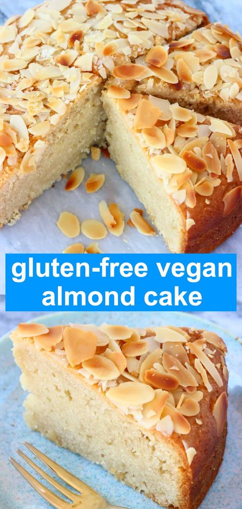 This Gluten-Free Vegan Almond Cake has a moist and fluffy sponge topped with crunchy flaked almonds, and tastes like frangipane or marzipan! It's easy to make, elegantly simple and is a versatile dessert. It comes together in one bowl and is refined sugar free too. Vegan Almond Cake, Gluten Free Almond Cake, Gluten Free Pound Cake, Vegan Bakes, Vegan Gluten Free Cake, Glutenfri Baking, Vegan Breads, Almond Flour Cakes, Gluten Free Cake Recipe