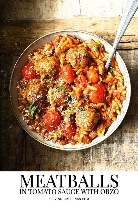 Meatballs in Tomato Sauce with Orzo High Protein Breakfasts, Meatballs In Tomato Sauce, Protein Breakfasts, Tender Meatballs, Orzo Recipes, Meatballs Easy, Coconut Curry Chicken, One Pot Dinner, Small Pasta