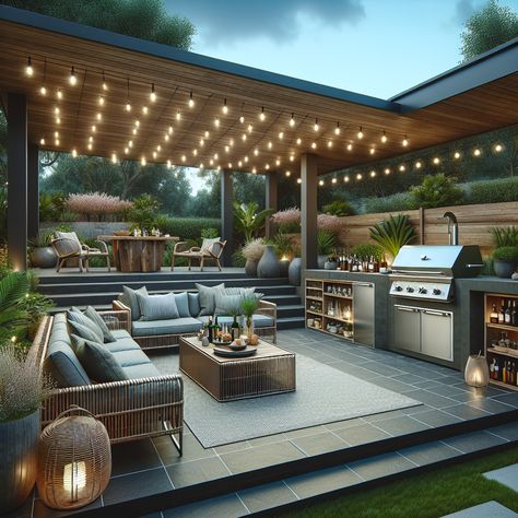 Described is a chic, minimalist patio, ideal for a bachelor who loves barbeques. It features a built-in grill, stylish rattan furniture, a wooden bar cart, sleek black slate flooring and a surround sound system. String lights and potted plants complete the inviting ambience. #OutdoorPatio #BBQGrill #RattanFurniture #BarCart #PatioDesign #BachelorPad Outdoor Grill And Hot Tub, Barbeque Area Outdoor, Outdoor Grill And Bar Area, Built In Grill Patio, Black Slate Flooring, Bbq Kitchen Outdoor, Minimalist Patio, Backyard Bar And Grill, Wooden Bar Cart