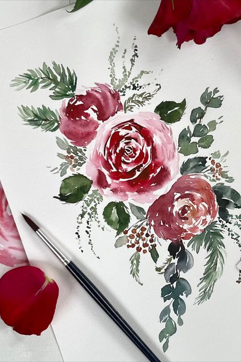 Flowers With Watercolor, Paint Roses, Watercolor Christmas Cards Diy, Red Roses Bouquet, Loose Watercolour, Loose Watercolor Flowers, Watercolor Decor, Winter Bouquet, Transparent Flowers