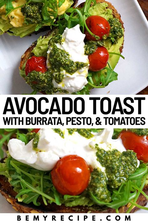 Avocado Toast with Burrata, Pesto, and Roasted Tomatoes Avocado Tomato Toast, Blt Avocado Toast, Avocado Toast Charcuterie Board, Avocado Bread, Simple Avocado Toast, Basil Pesto Recipes, Autoimmune Paleo Recipes, Avocado Toast Recipe, Healthy Lunch Snacks