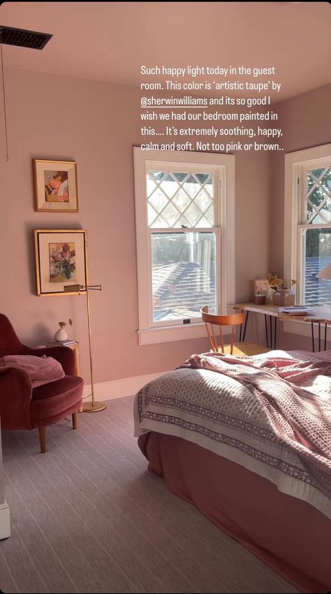 Mauve Beige Bedroom, Taupe Pink Bedroom, Mauve Guest Bedroom, Mauve Bedroom Paint Colors, Taupe Sherwin Williams, Mauve Bedroom Ideas, Soft Pink Bedroom, Bunny Bedroom, Paisley Bedroom