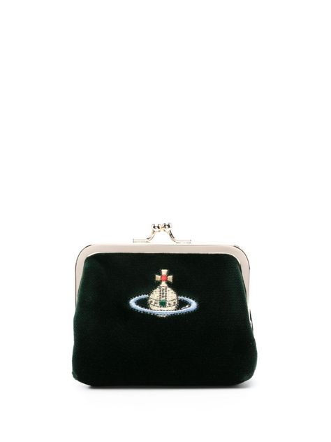 Vivienne Westwood Orb logo-embroidered Velvet Wallet - Farfetch Vivienne Westwood Wallet, Vivienne Westwood Logo, Vivienne Westwood Orb, Dark Green Velvet, Random Fashion, Embroidered Velvet, Planet People, Keychain Wallet, Designer Wallets