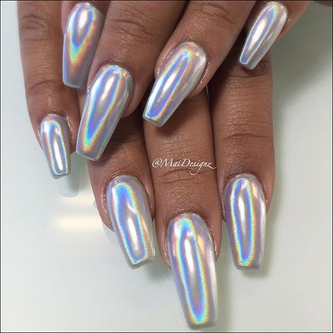 Marquita Aisha Birthday Nails Chrome, Silver Holographic Nails, Chrome Nail Design, Silver Chrome Nails, Ombre Chrome, Holographic Nail Designs, Chrome Nail Colors, Ombre Chrome Nails, Chrome Manicure