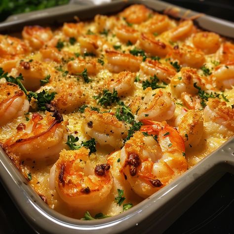 Cheesy Shrimp Bake Cajun Shrimp Baked Potato, Shrimp Gratin Recipes, Cheesy Shrimp Bake, Baked Shrimp Appetizers, Shrimp With Mashed Potatoes, Shrimp Stuffing Recipes, Shrimp Quinoa Recipes, Shrimp For Breakfast, Baked Stuffed Shrimp Casserole