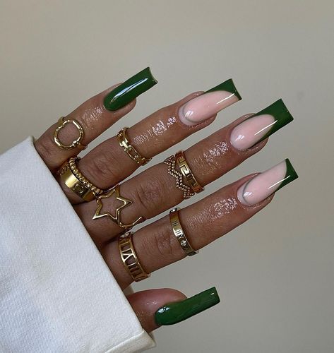 Birthday Nails Green And Gold, Green Fall Nails Acrylic, Emerald Green French Tip Nails, Virgo Nails, Nail Aesthetic, Green Acrylic Nails, Milky Nails, Virgo Season, Formal Nails