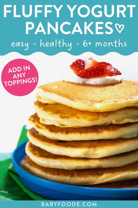 Say hello to your new favorite pancake recipe! These Yogurt Pancakes are a healthy, quick, and easy breakfast for kids and adults! Perfectly soft and fluffy, they’re also filled with protein. Great for a yummy breakfast, lunch, dinner, or even a snack. These yogurt pancakes are also super customizable – you can adjust the add-ins or toppings based on your family’s preferences. They’re perfect for all ages – babies, toddlers, big kids, and even adults! For ages 6+ months and Baby-Led Weaning! Easy Baby Pancake Recipe, Healthy Kids Pancakes, Easy Breakfast For Kids, Pancakes For Baby, Greek Yogurt Pancakes Recipe, Kids Pancakes, Baby Breakfast, Greek Yogurt Pancakes, Baby Pancakes