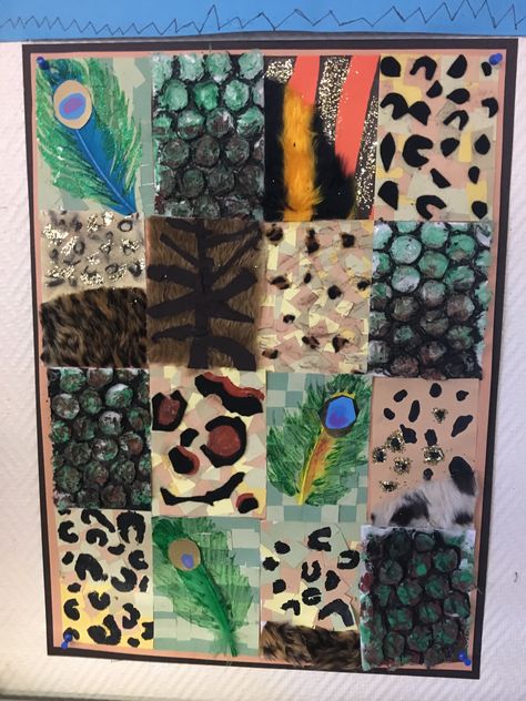 Animal print collage made with different textures. Africa project. KS2 Year 2 Africa Topic, Africa Topic Ks1, Shoebox Tasks, Ks1 Science, Art Ks2, Collage Art Ideas, Rousseau Art, Animal Art Projects, Horse Chestnut