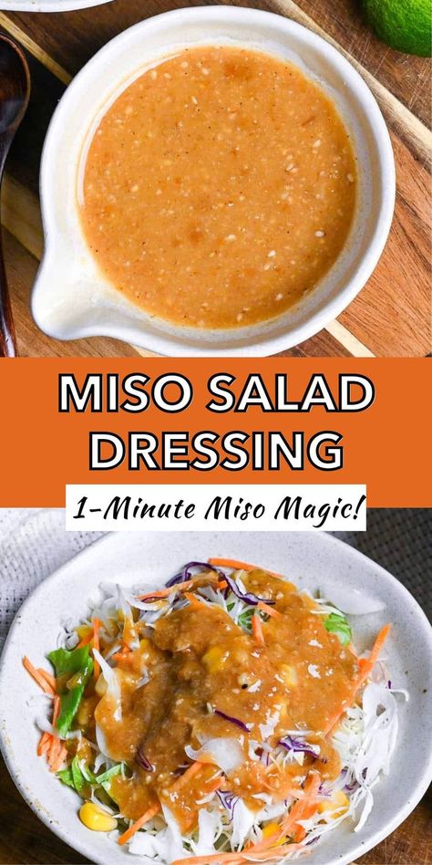 Homemade miso salad dressing recipe: orange dressing in bowl and on colorful vegetable slaw Japanese Salad Dressing Recipe, Miso Dressing Recipe, Miso Salad, Miso Salad Dressing, Japanese Salad Dressing, Homemade Miso, Miso Recipe, Japanese Salad, Miso Dressing