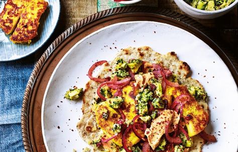 Grilled halloumi flatbreads with preserved lemon and barberry salsa | Matching Food & Wine Halloumi Dinner, Halloumi Recipes, Portobello Steak, Vegetarian Bbq, Quick Pickled Onions, Preserved Lemon, Grilled Halloumi, Great British Chefs, Fresh Turmeric