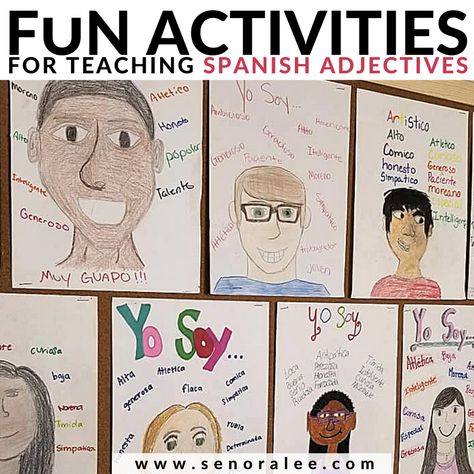 Activities for Teaching Spanish Adjectives Adjective Activities, Spanish Poems, Descriptive Adjectives, Spanish Teacher Classroom, Teaching Adjectives, Spanish Adjectives, Describe A Person, Adjectives Activities, Spanish Classroom Decor