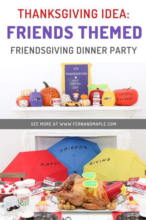 Can there BE a better Friendsgiving theme than the TV show Friends? Invite your friends over for a fun themed Thanksgiving dinner, with DIY decor including umbrella backdrop, place cards with names from the show, and more. Get all of the details now at fernandmaple.com! Friends Themed Dinner Party, Friends Friendsgiving Theme, Friendsgiving Friends Theme, Friends Themed Thanksgiving Party, Friends Themed Friendsgiving, Friends Themed Thanksgiving, Themed Thanksgiving Dinner, Umbrella Backdrop, Themed Friendsgiving