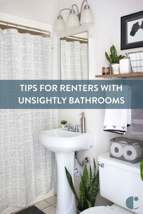 Apartment bathroom obstacles can be frustrating, but don't lose faith! Discover how to hide an ugly shower door, really remove soap scum, and more! #Curbly-Original, #storage solutions, #organization, #small bathroom, #tiny living, #Inspiration, #shower curtains, #cleaning, #bathroom-decor, #apartments, #dorm, #rental Organization Small Bathroom, Bathroom Tiny, Rental Bathroom, Simple Bathroom Decor, Small Bathroom Organization, Trendy Apartment, Decorating Bathroom, Small Showers, Bad Inspiration