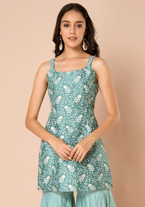 Indo Western Dresses - Buy Indo Western Wear for Women Online - Indya Short Kurtas For Women, Sleeveless Short Kurti Designs, Short Kurta Designs Women, College Kurti, Sleeveless Kurti Designs, Chudi Designs, Sleeveless Kurti, Short Kurtas, Short Kurti Designs